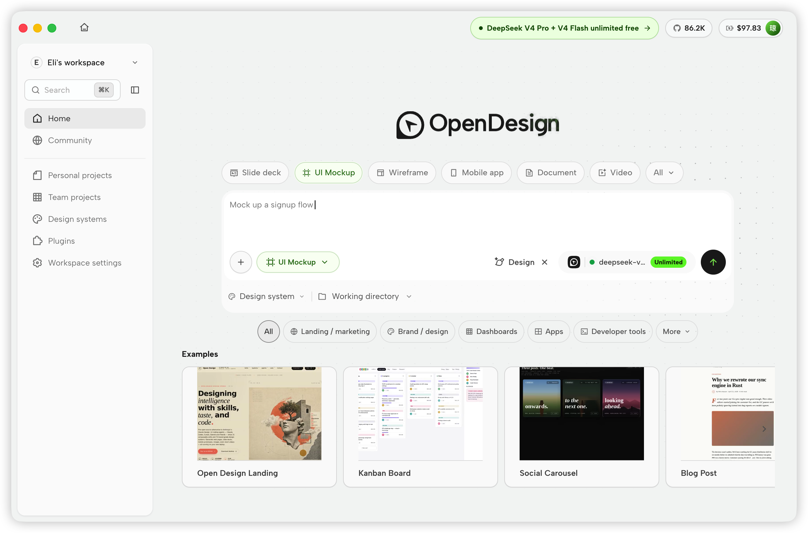 Open Design Home page with artifact types, brief composer, model picker, and examples