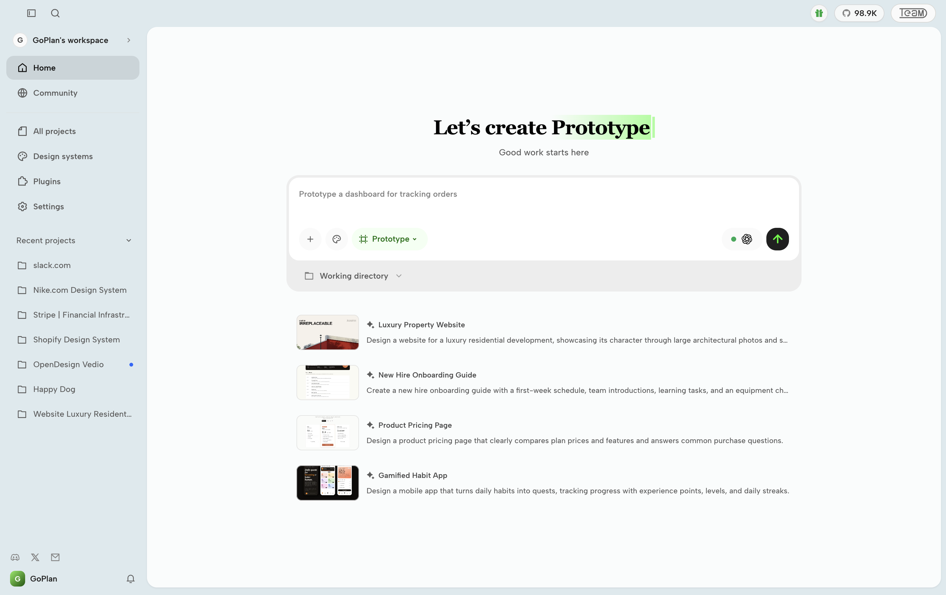 OpenDesign Home page with the prototype composer and example prompts