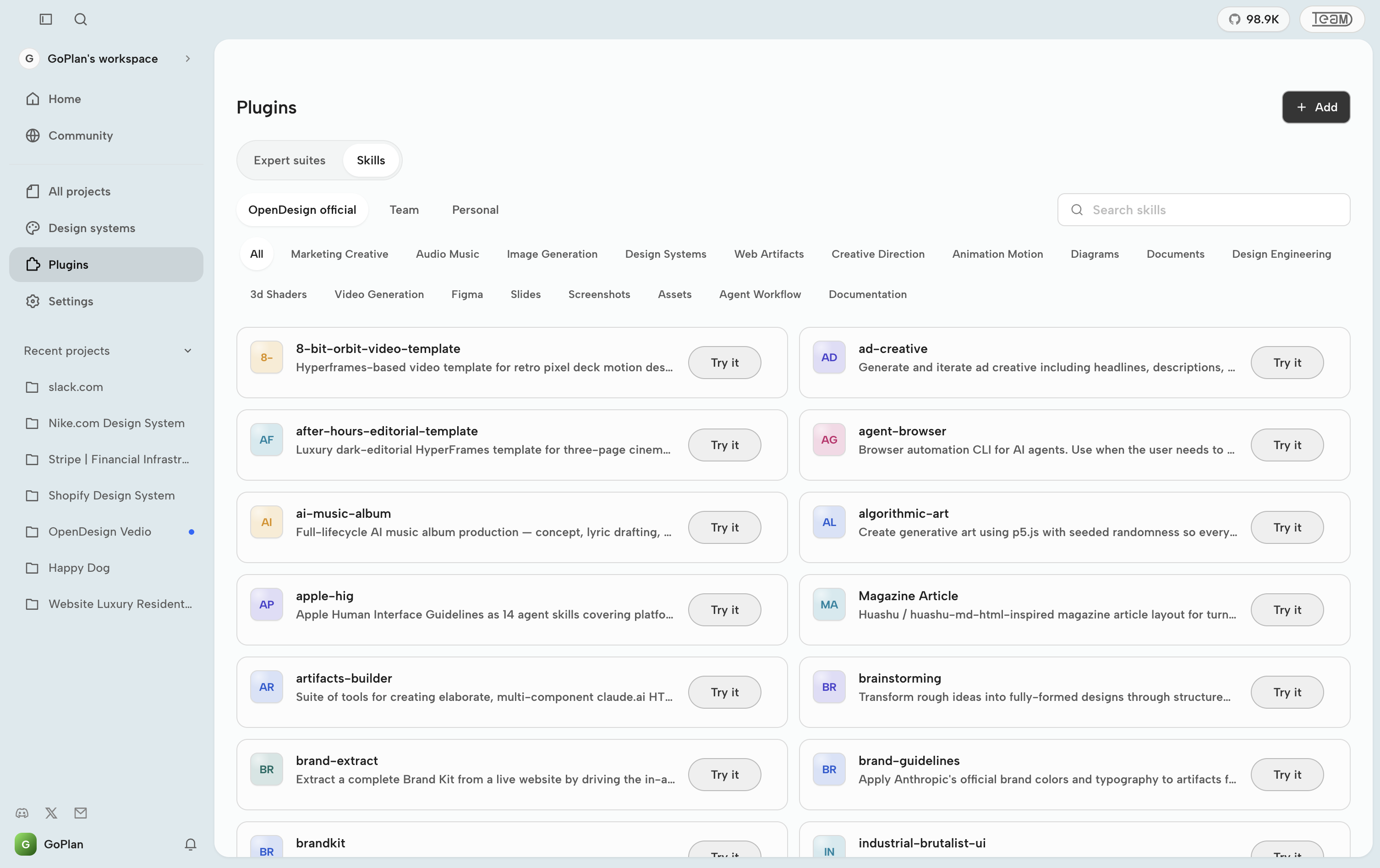 OpenDesign Plugins page showing official skills, categories, and search