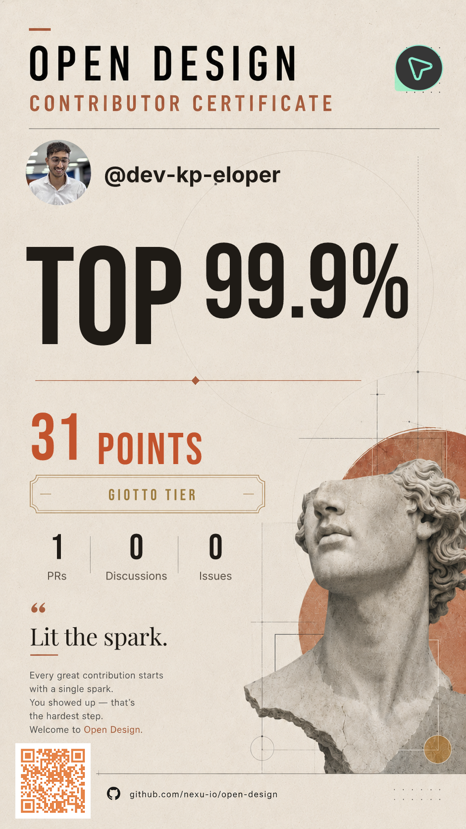 Open Design contributor honor card — @dev-kp-eloper, top 99.9%, Giotto tier