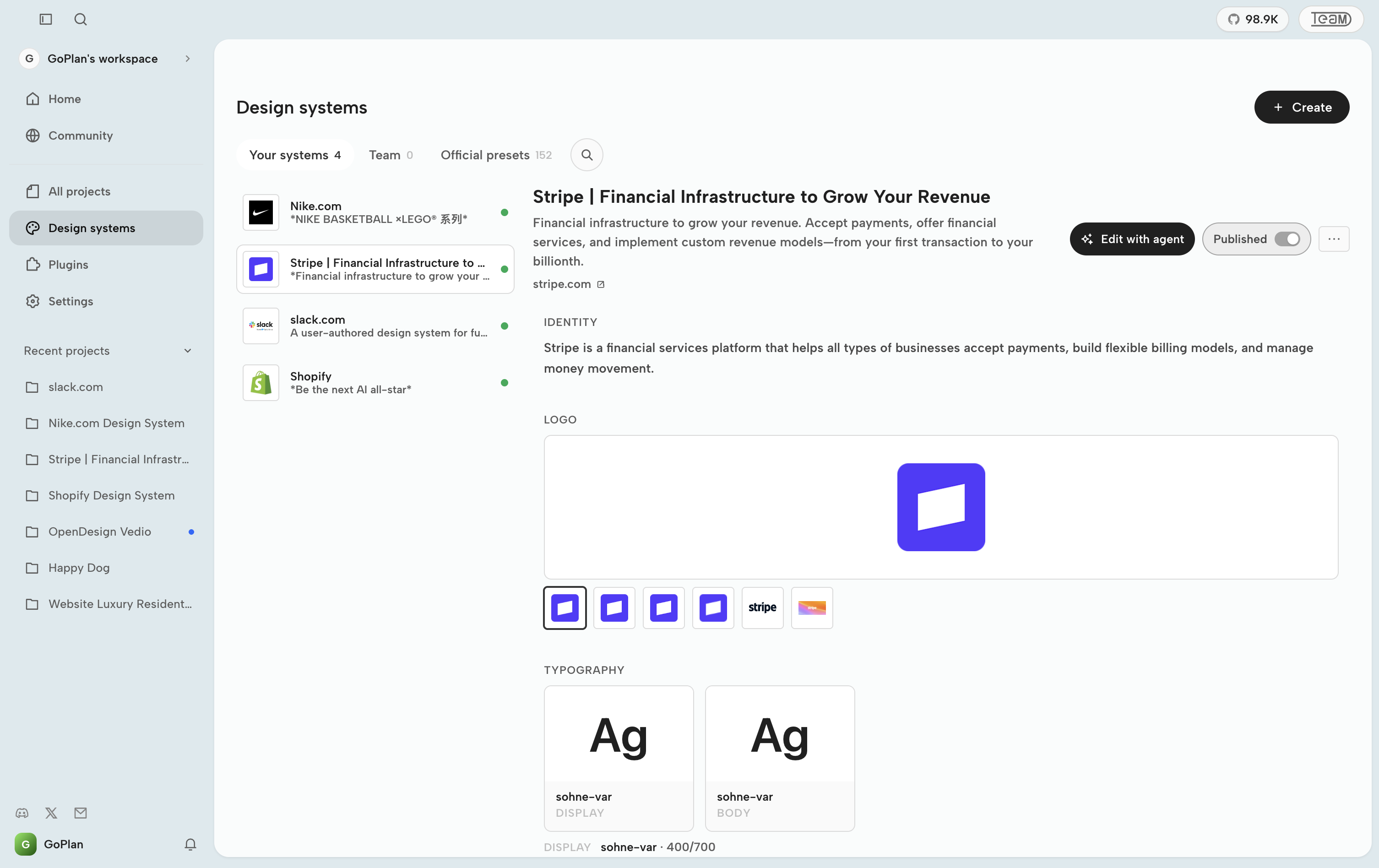 OpenDesign Design systems page showing the Stripe brand identity, logo, and typography