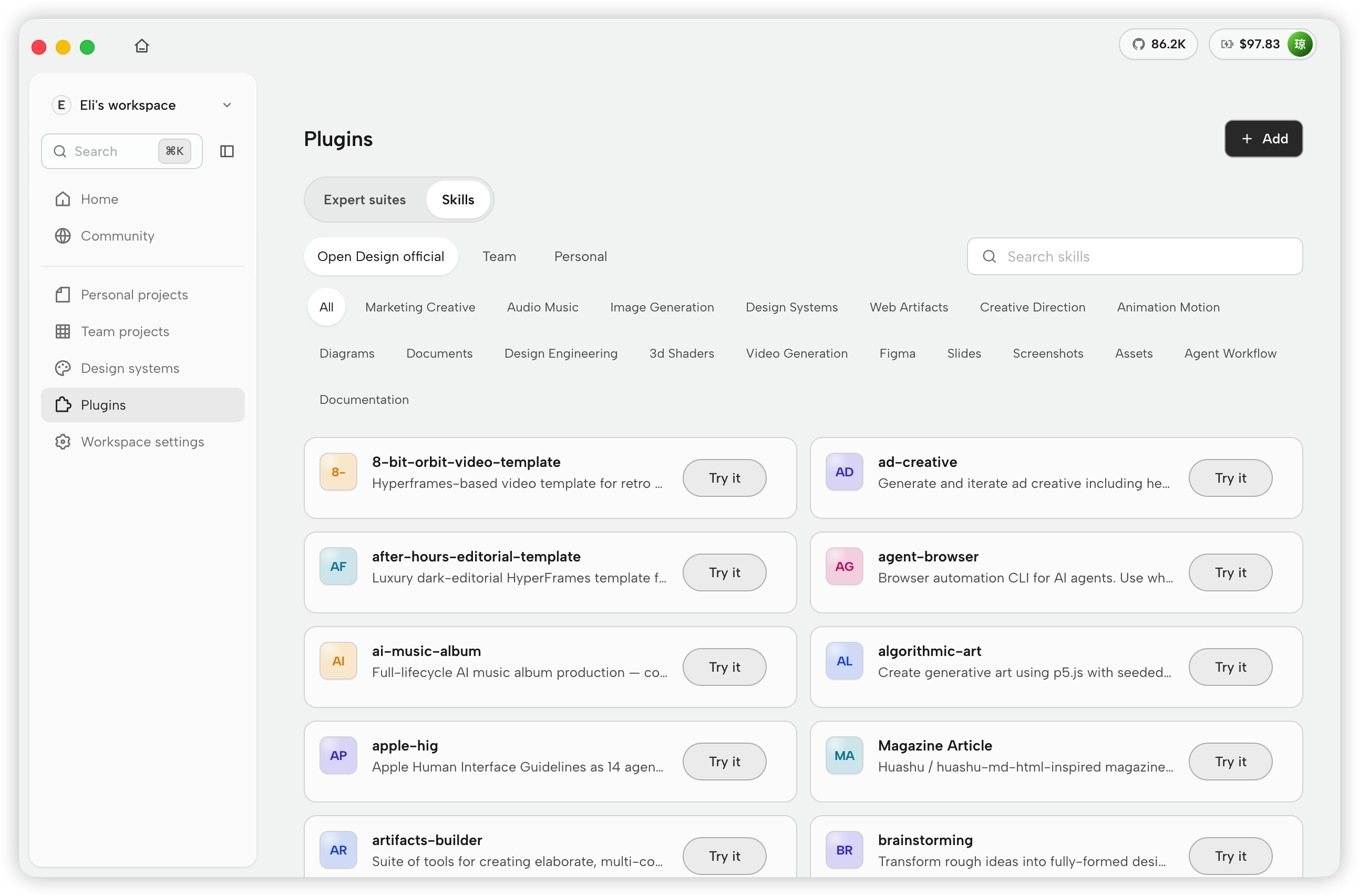 Open Design Plugins page showing the official skills catalog