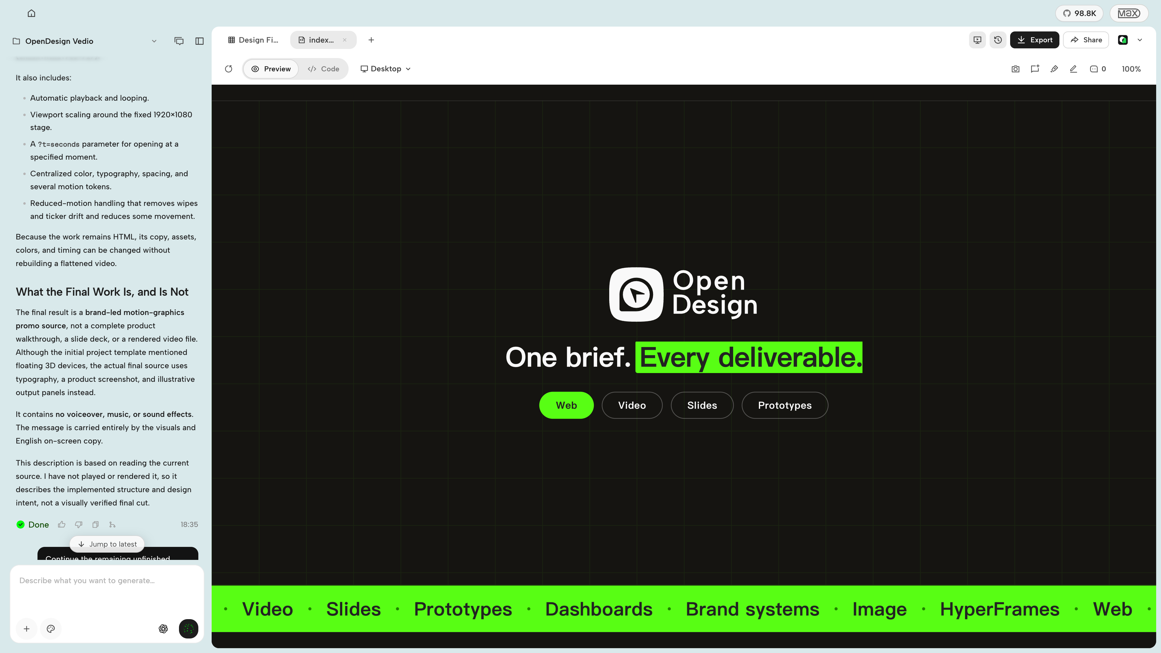 OpenDesign HyperFrames editor showing the One brief, Every deliverable motion graphic