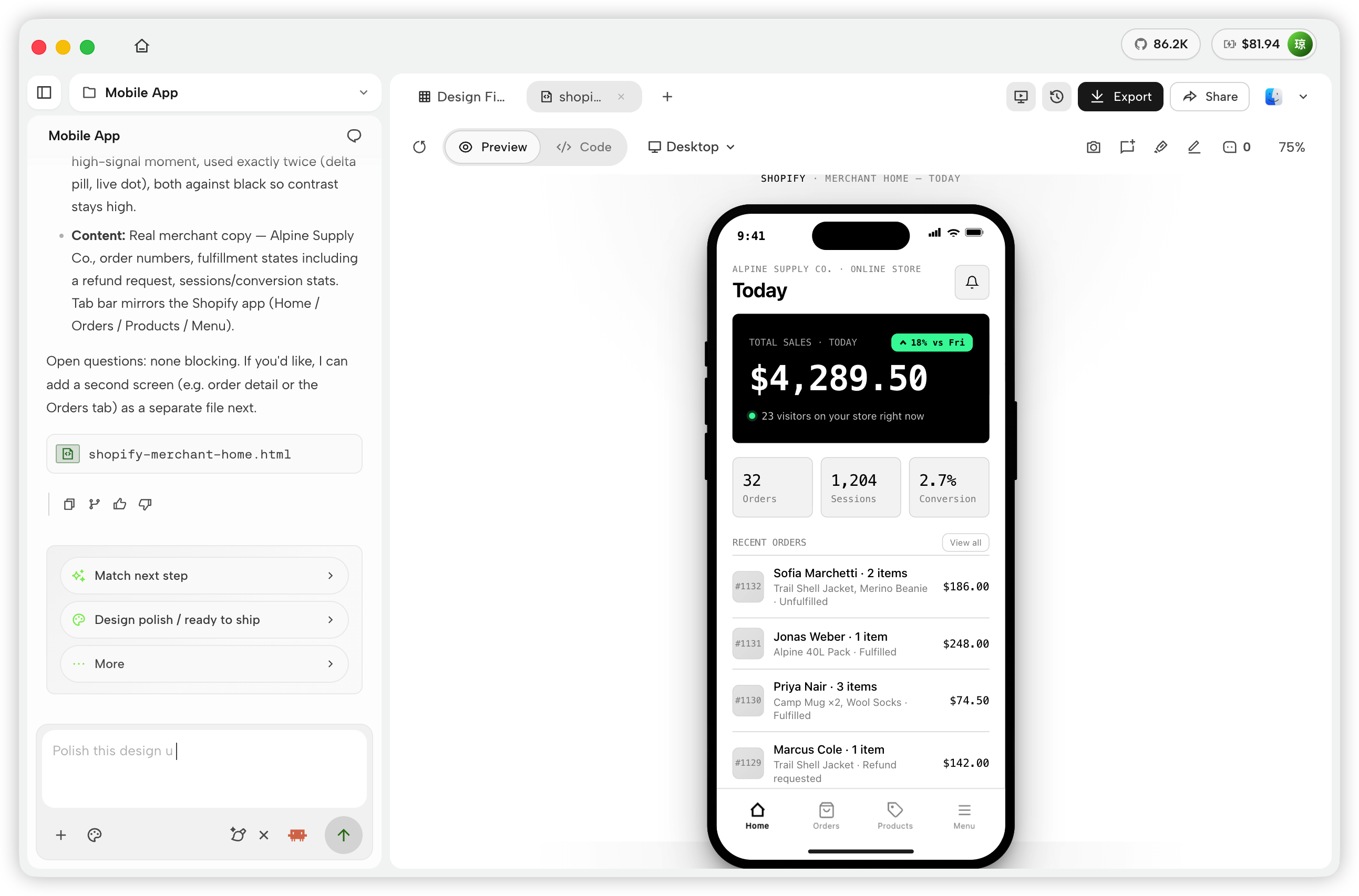 Mobile app artifact preview in Open Design Studio