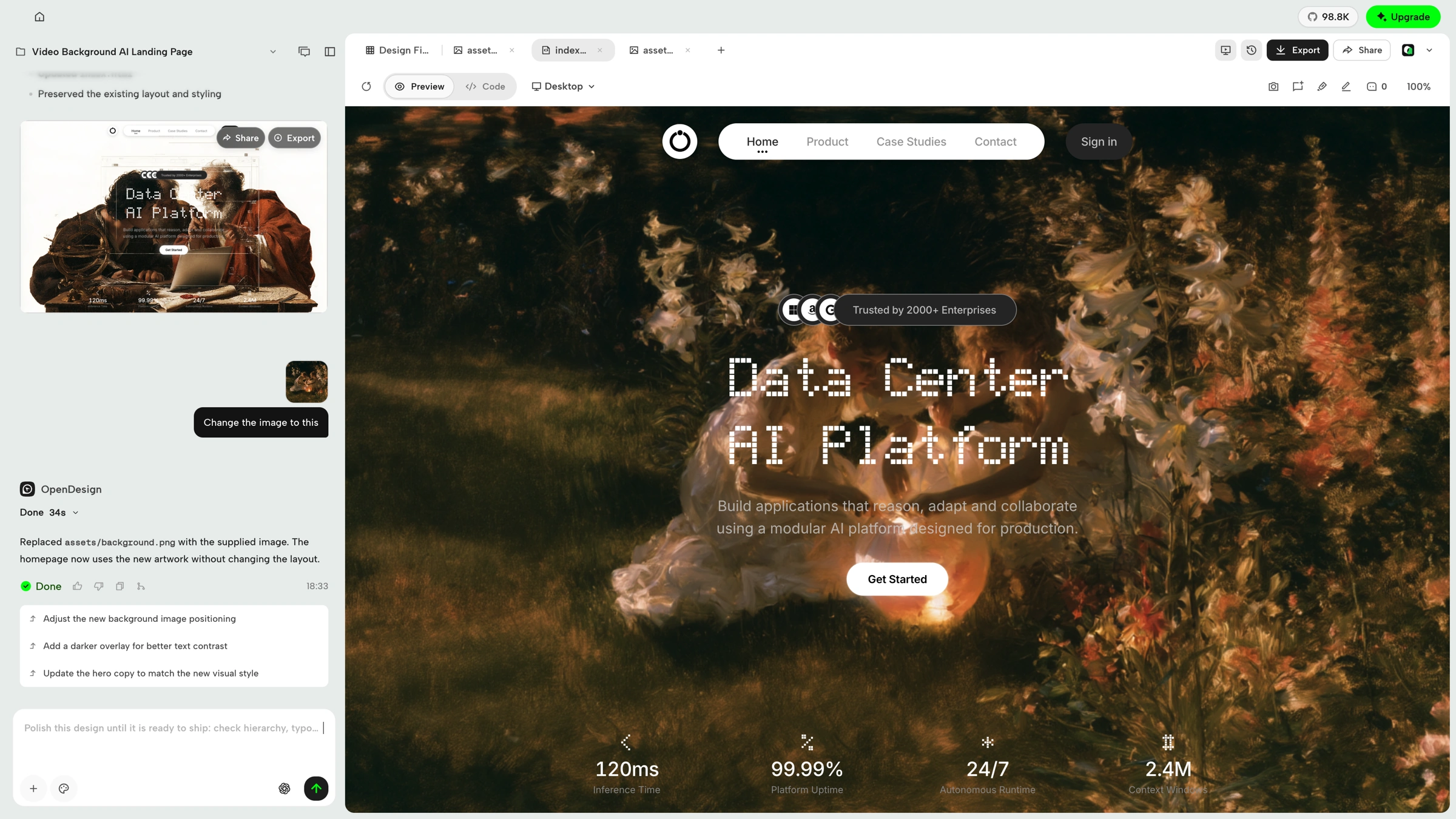 Website prototype with live preview and agent conversation in OpenDesign Studio