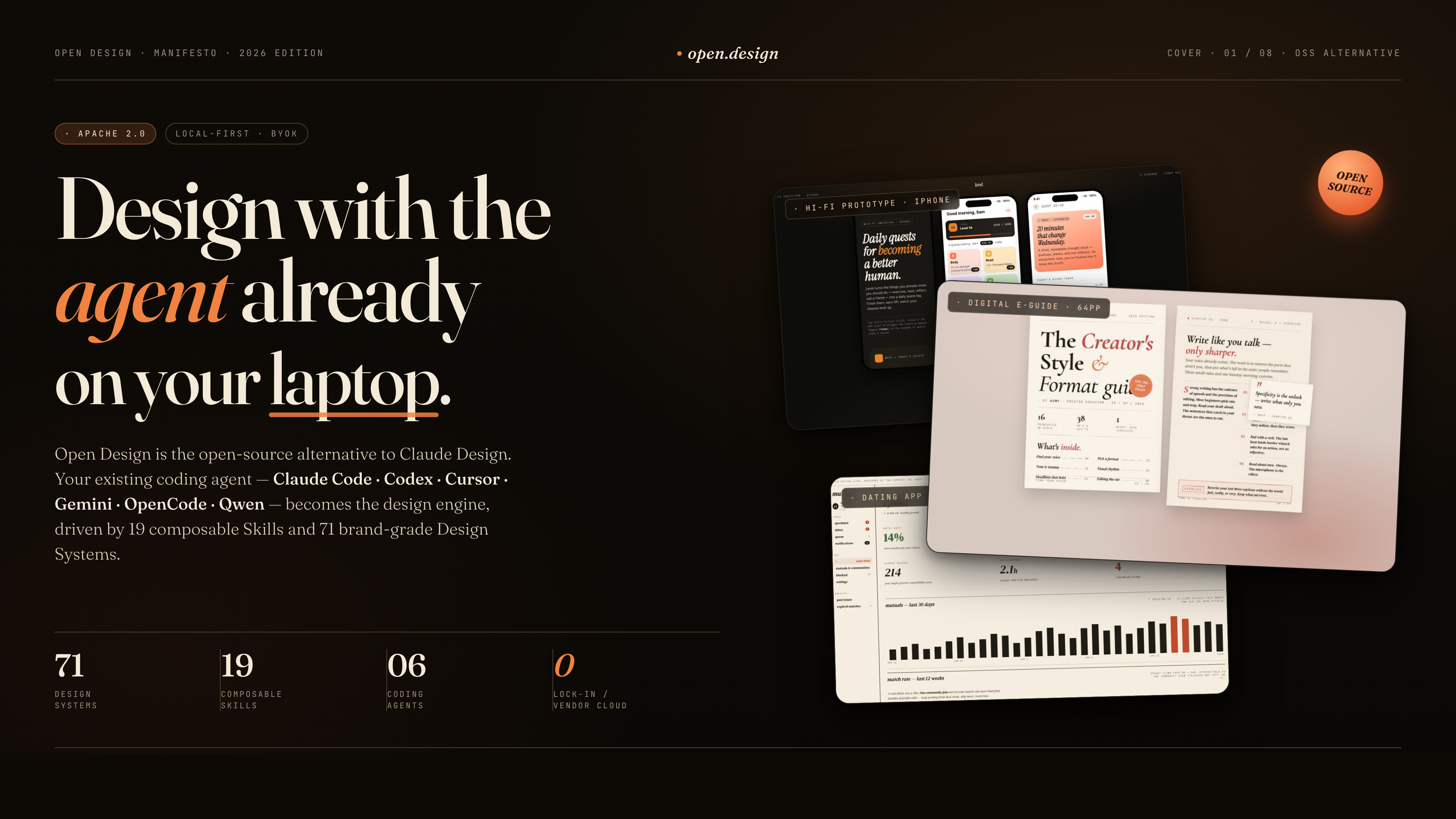 Open Design — editorial cover: design with the agent on your laptop