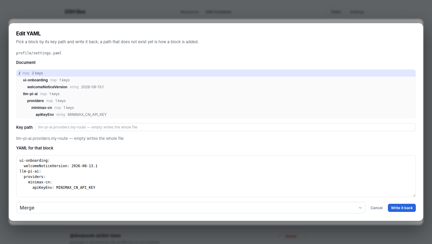 Editing a container file by key path: the document as a tree, the block in a textarea