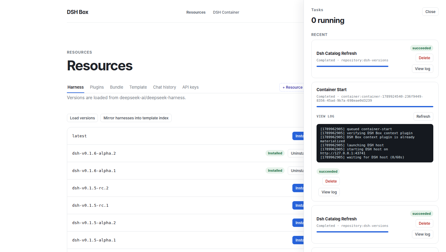 The task panel: a container start with its log expanded, one line per step with timings