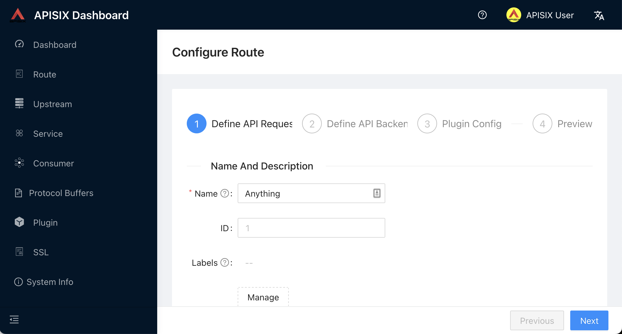 Configure Route wizard - Define API request