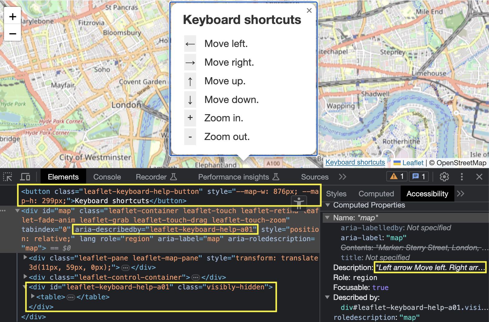 Screenshot 2: the "Keyboard shortcuts" dialog, and DOM