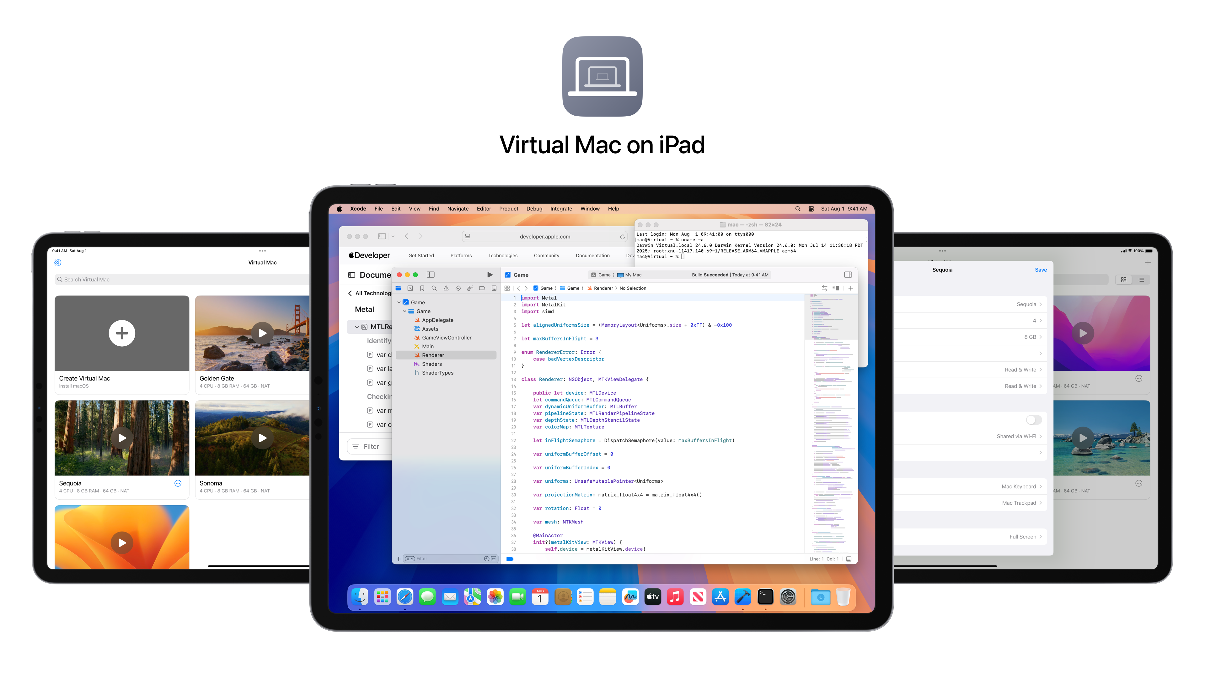 여러 대의 iPad 화면 위에 Virtual Mac과 macOS의 Xcode 화면이 배치되어 있다.