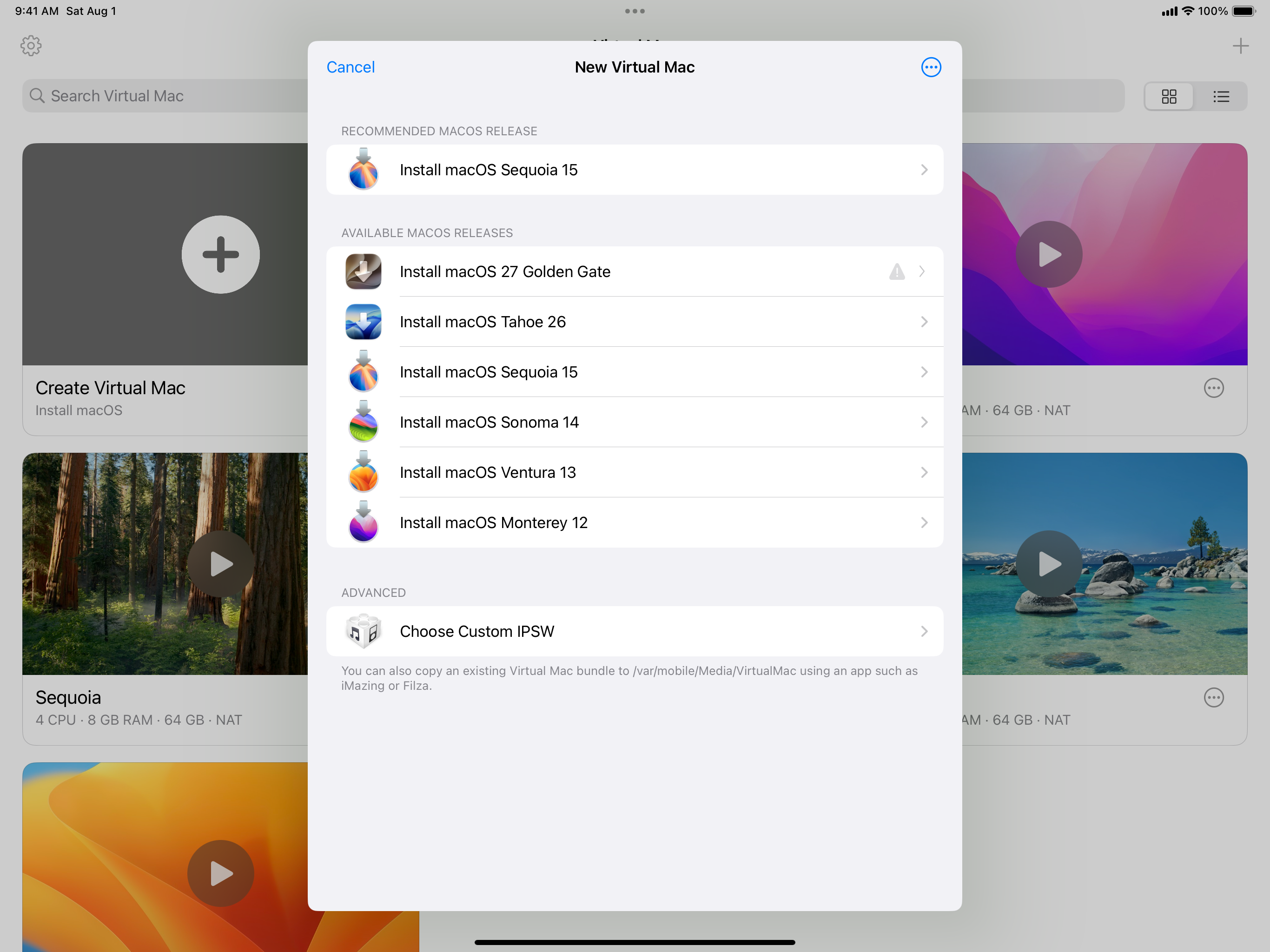 새 Virtual Mac 생성 창에서 여러 macOS 릴리스와 사용자 지정 IPSW 선택 항목을 제공한다.