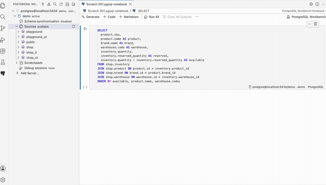 Run a business query and inspect its PostgreSQL result grid