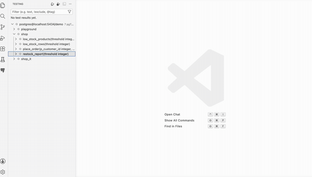 Run pgTAP tests and inspect PL/pgSQL coverage in the editor