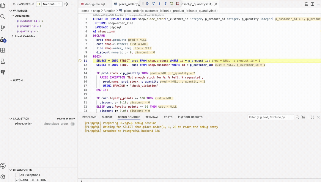 Step through a PL/pgSQL routine and inspect variables