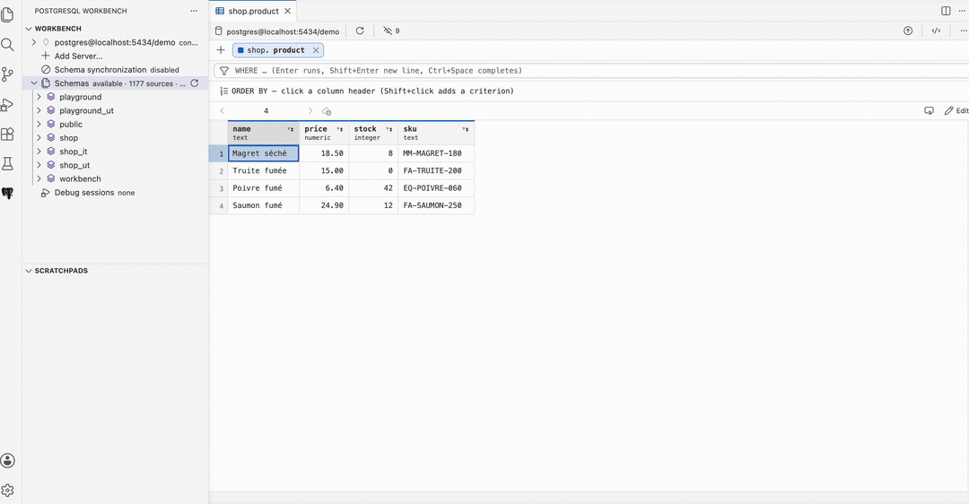 Join a related table, filter on a cell's value, and open the composed SQL