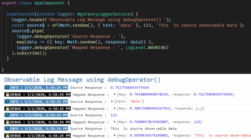 Debug RxJS Observable Stream using debugOperator() operator function 