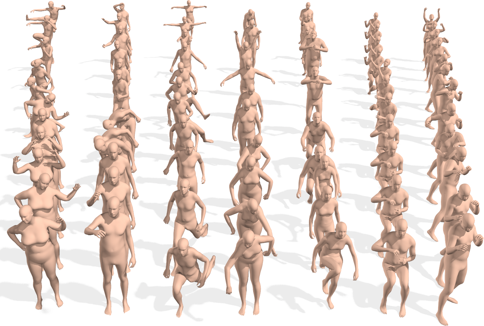 Samples of bodies in AMASS recovered from Motion Capture sequences alt text