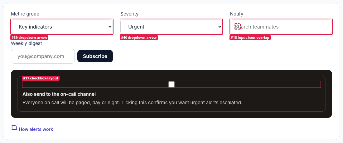An alert-settings form: native select arrows on the border, a checkbox stretched above its label, and a search icon over the placeholder, each boxed by renderlint