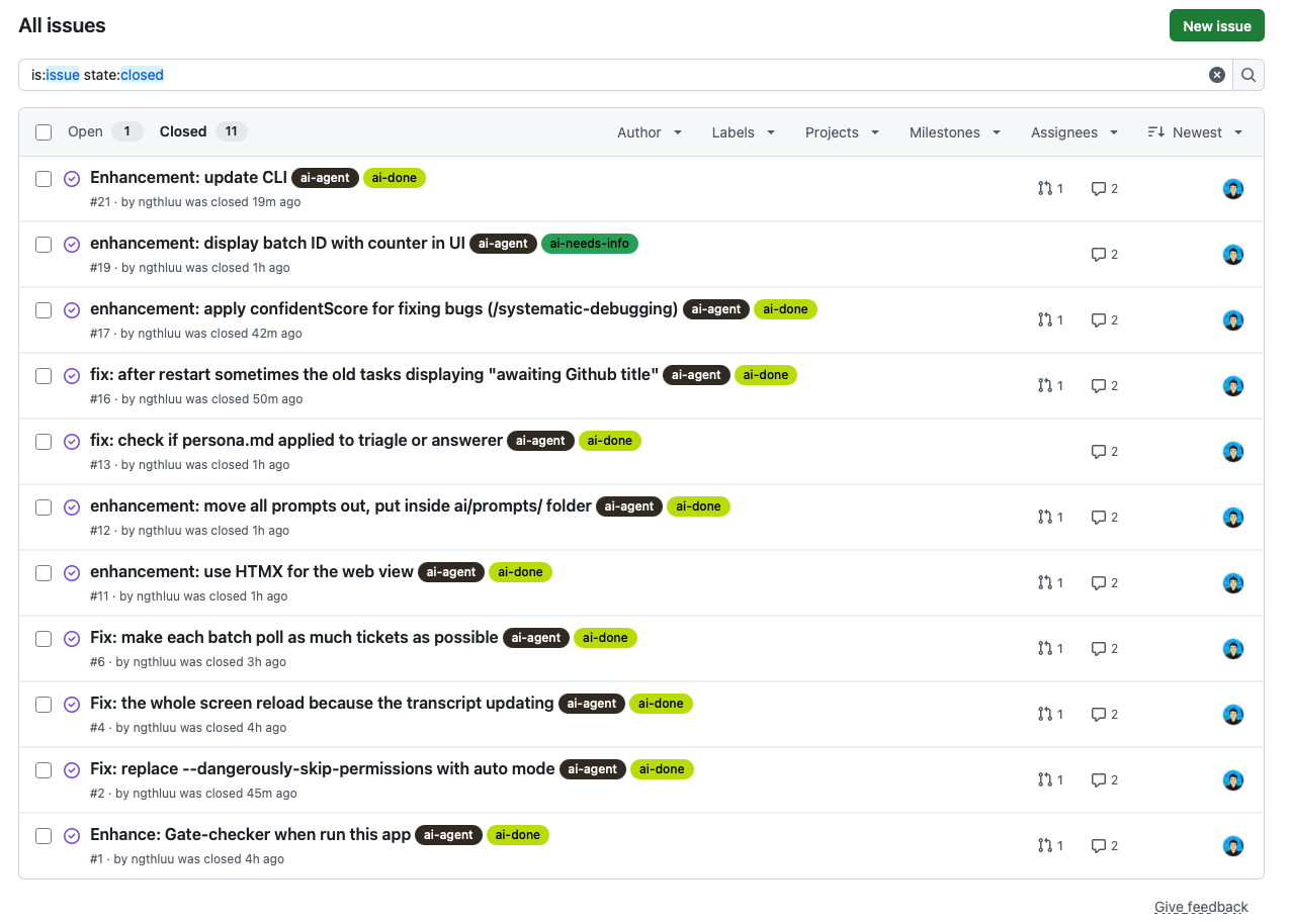 A GitHub issues list where each issue is labeled ai-agent and closed ai-done, each driven to a linked pull request by loope