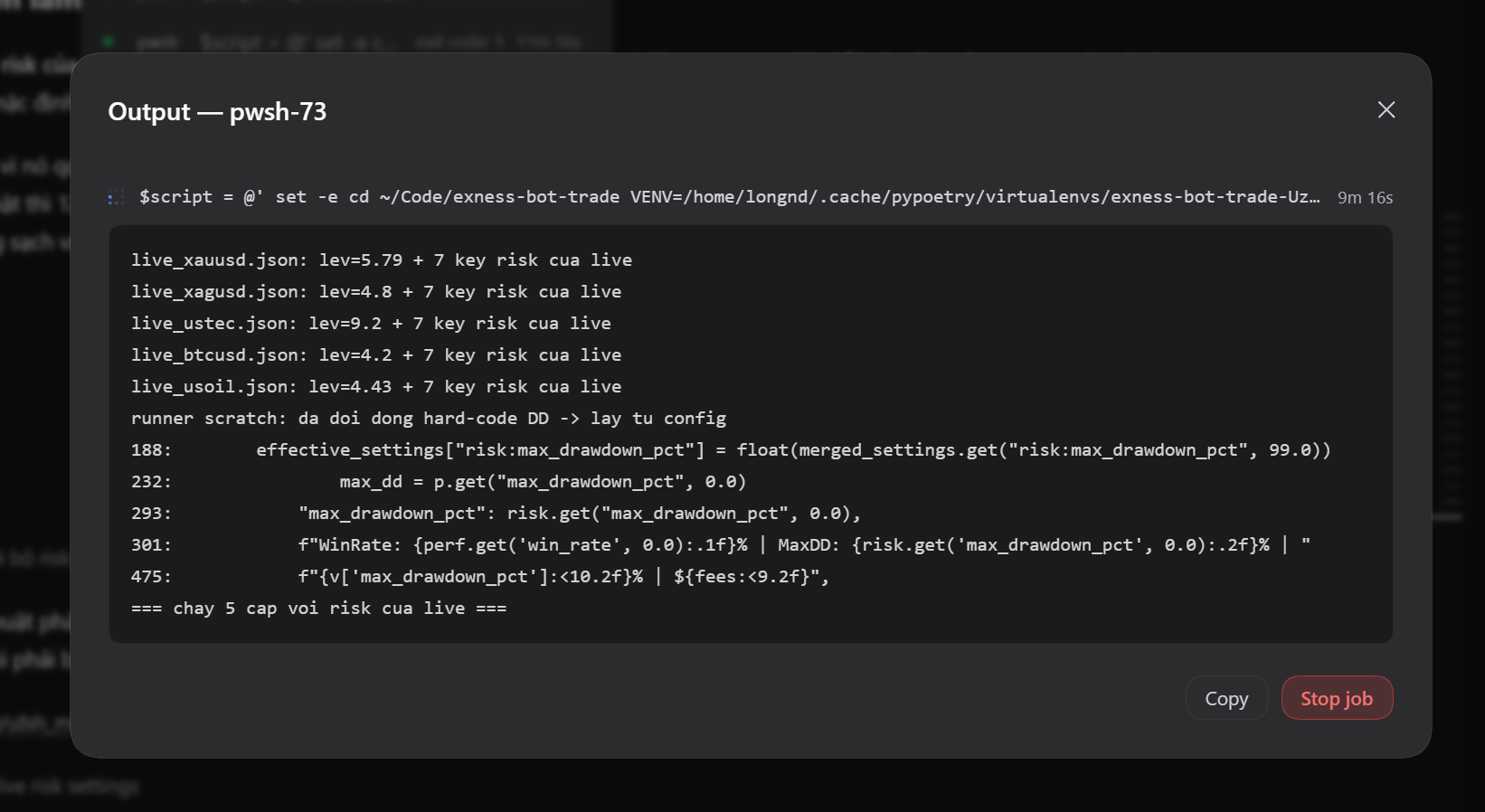 Live terminal output: the output modal showing a background job's streamed output, with Copy and Stop job actions