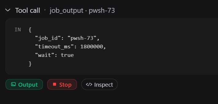 A job_output tool card with the injected Output and Stop buttons sitting next to the native Inspect button