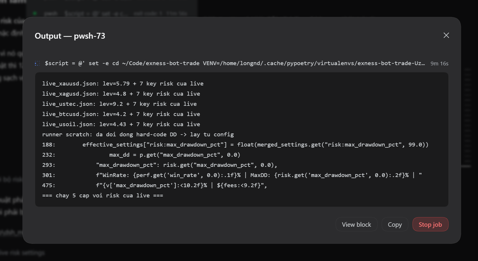 Live terminal output: the output modal showing a background job's streamed output, with View block, Copy and Stop job actions