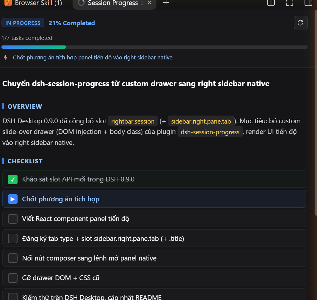 Session Progress panel rendered as a native right sidebar tab