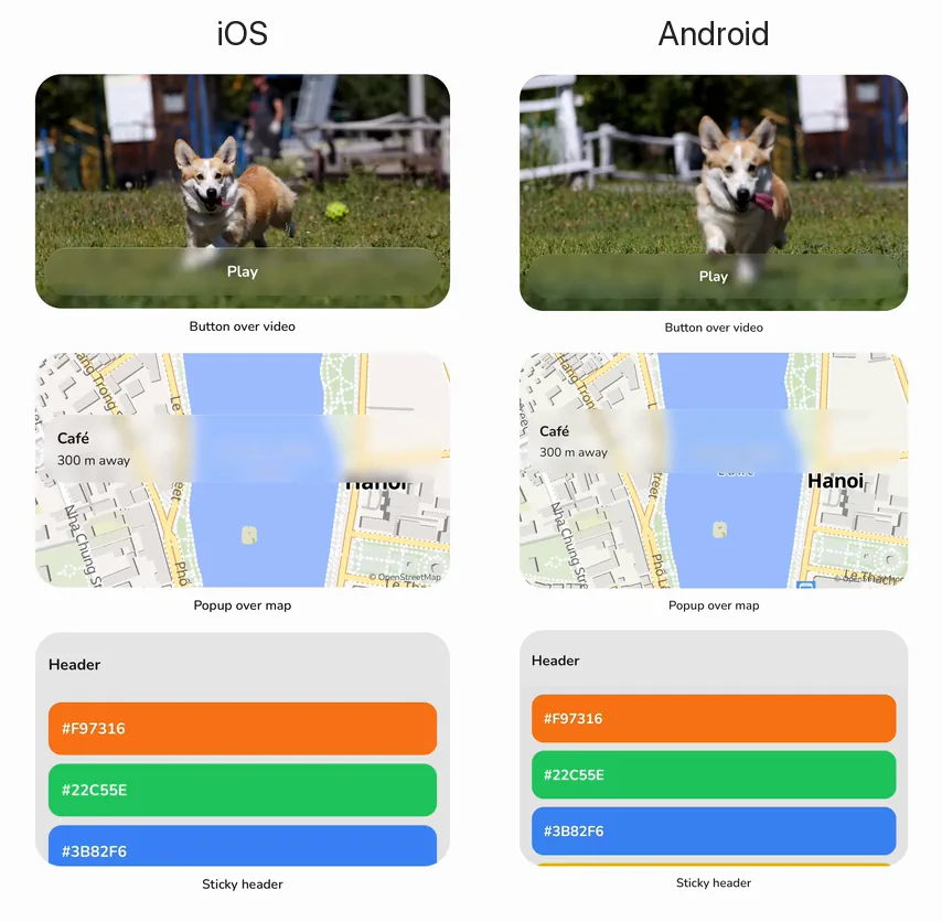Backdrop blur on iOS and Android: a frosted sticky header over a scrolling list, a frosted popup over a map and a frosted button over a video