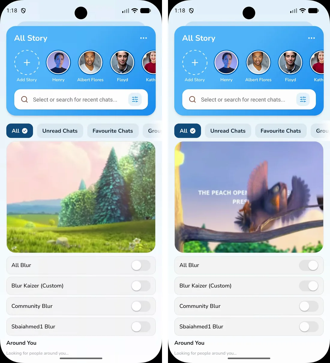 Left: this library blurs the playing video. Right: a typical blur library lets the video show through sharp.