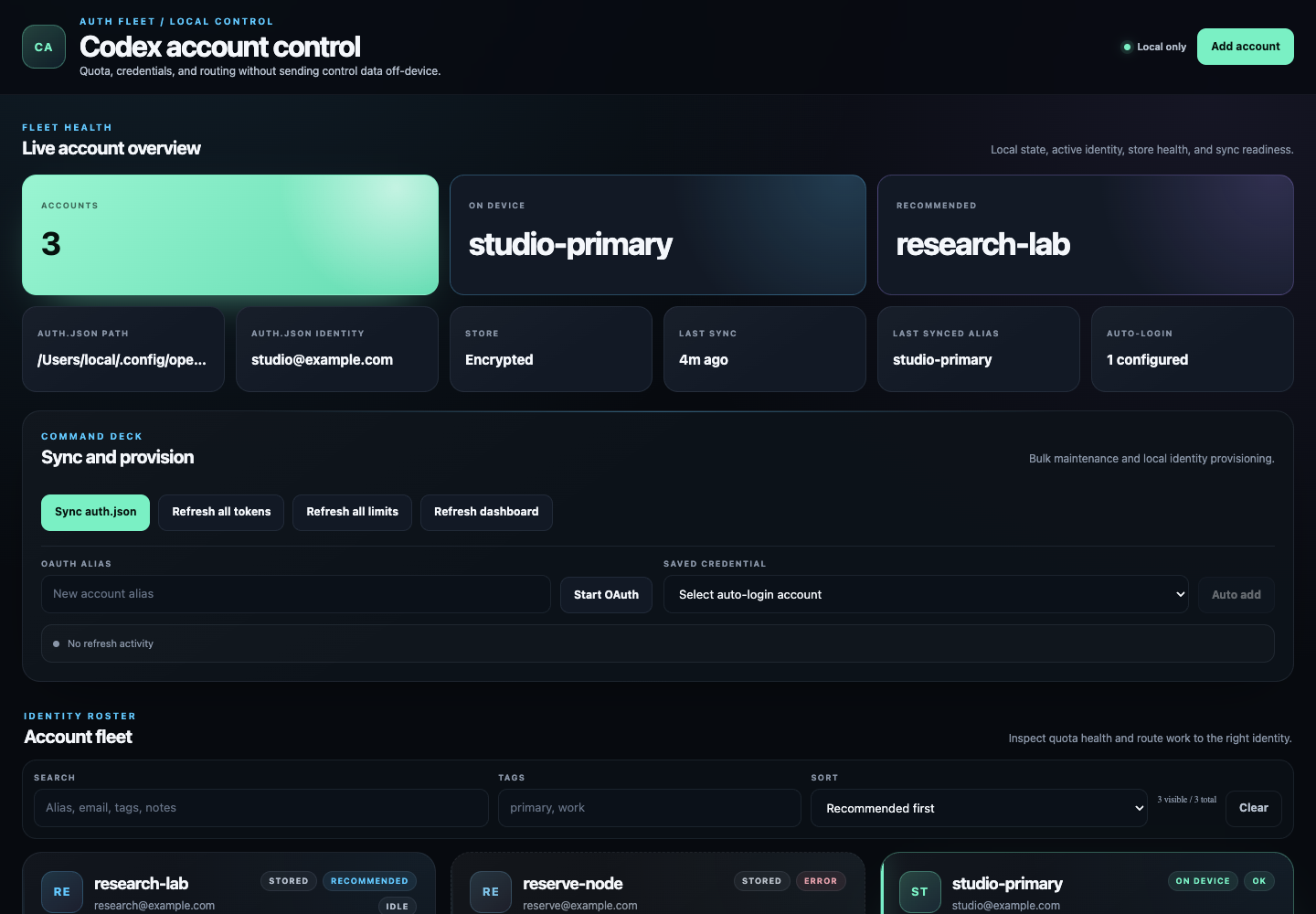 Codex account control React dashboard