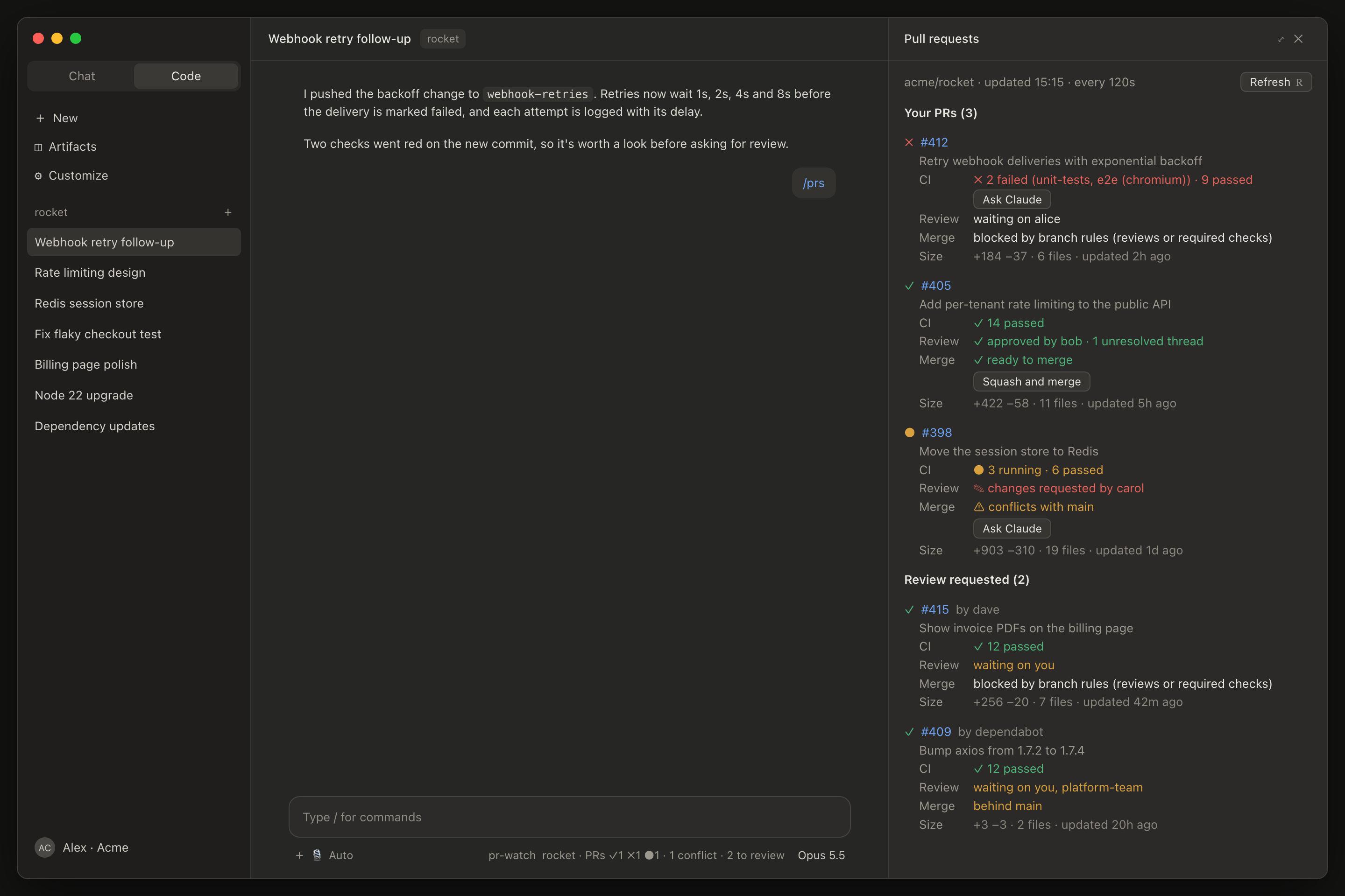 The /prs pane and the status line in the Claude Code desktop app