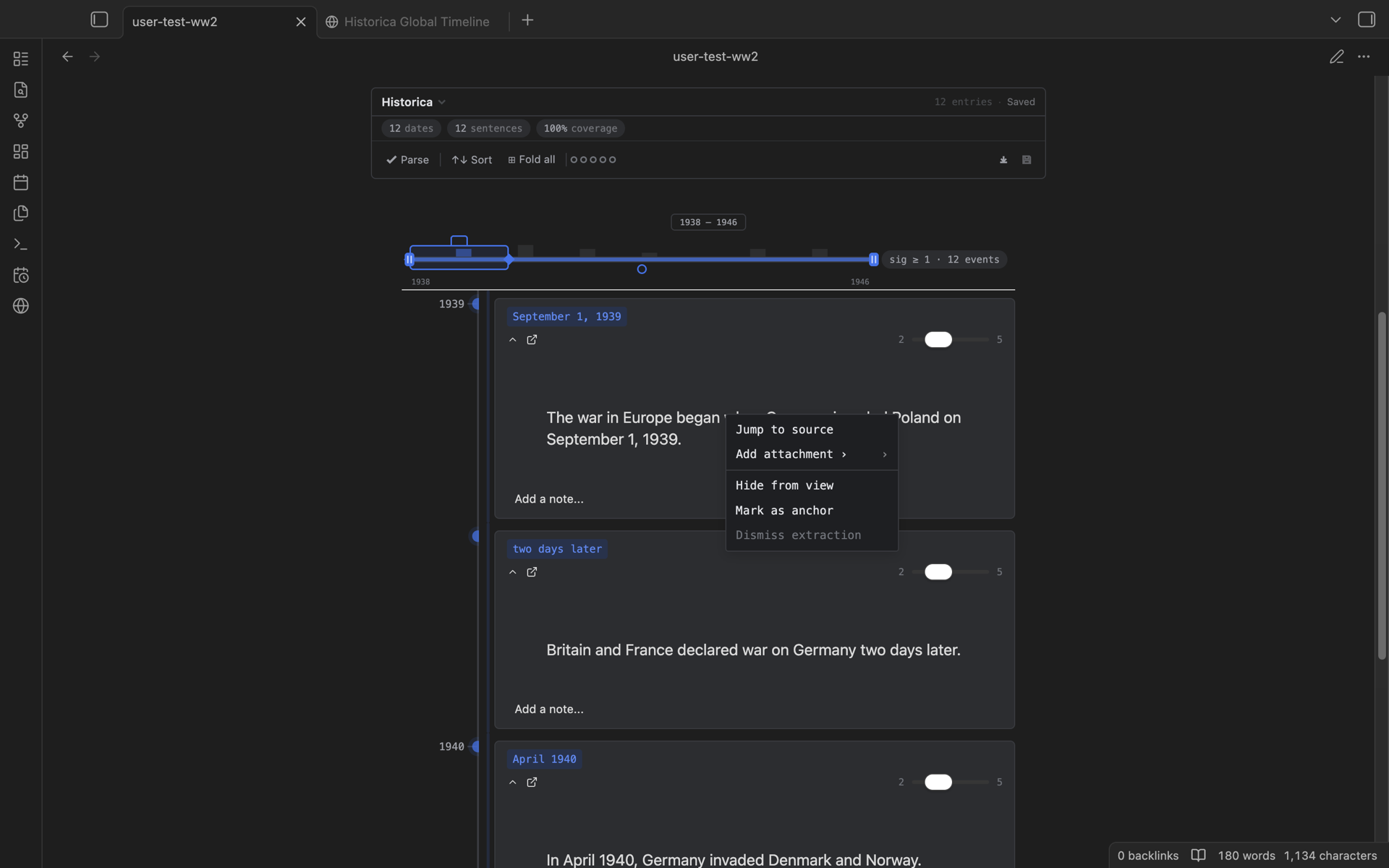 Per-entry context menu: jump to source, attach, anchor, dismiss