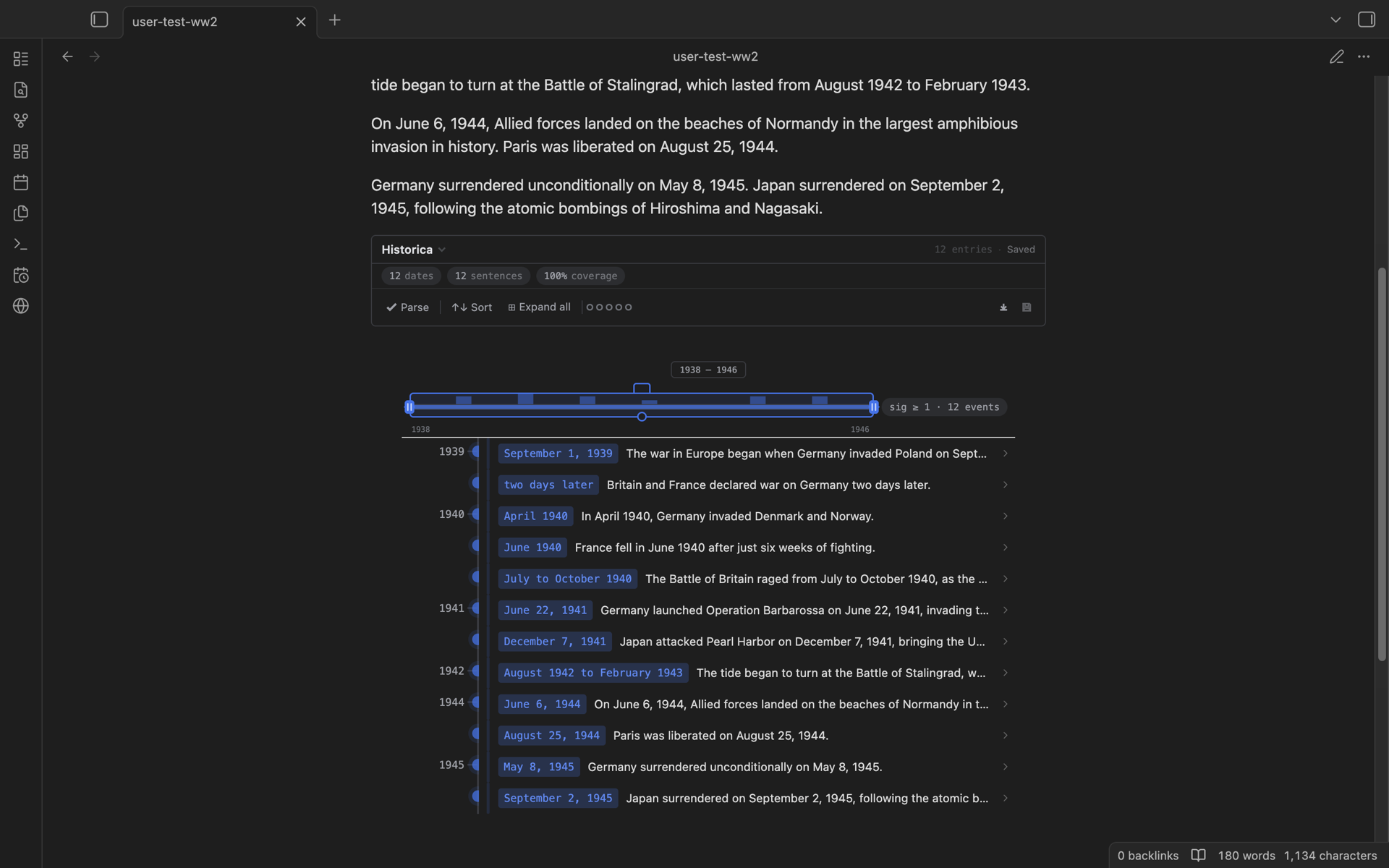 Historica timeline rendered from prose inside Obsidian
