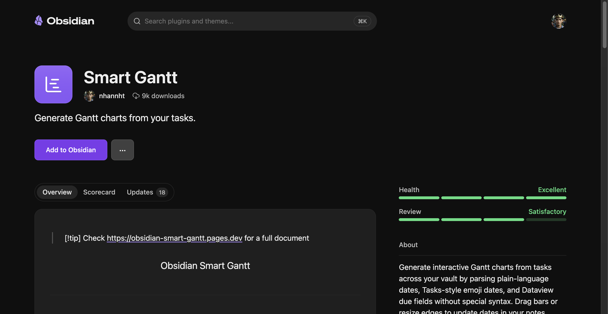 Smart Gantt on the Obsidian community store