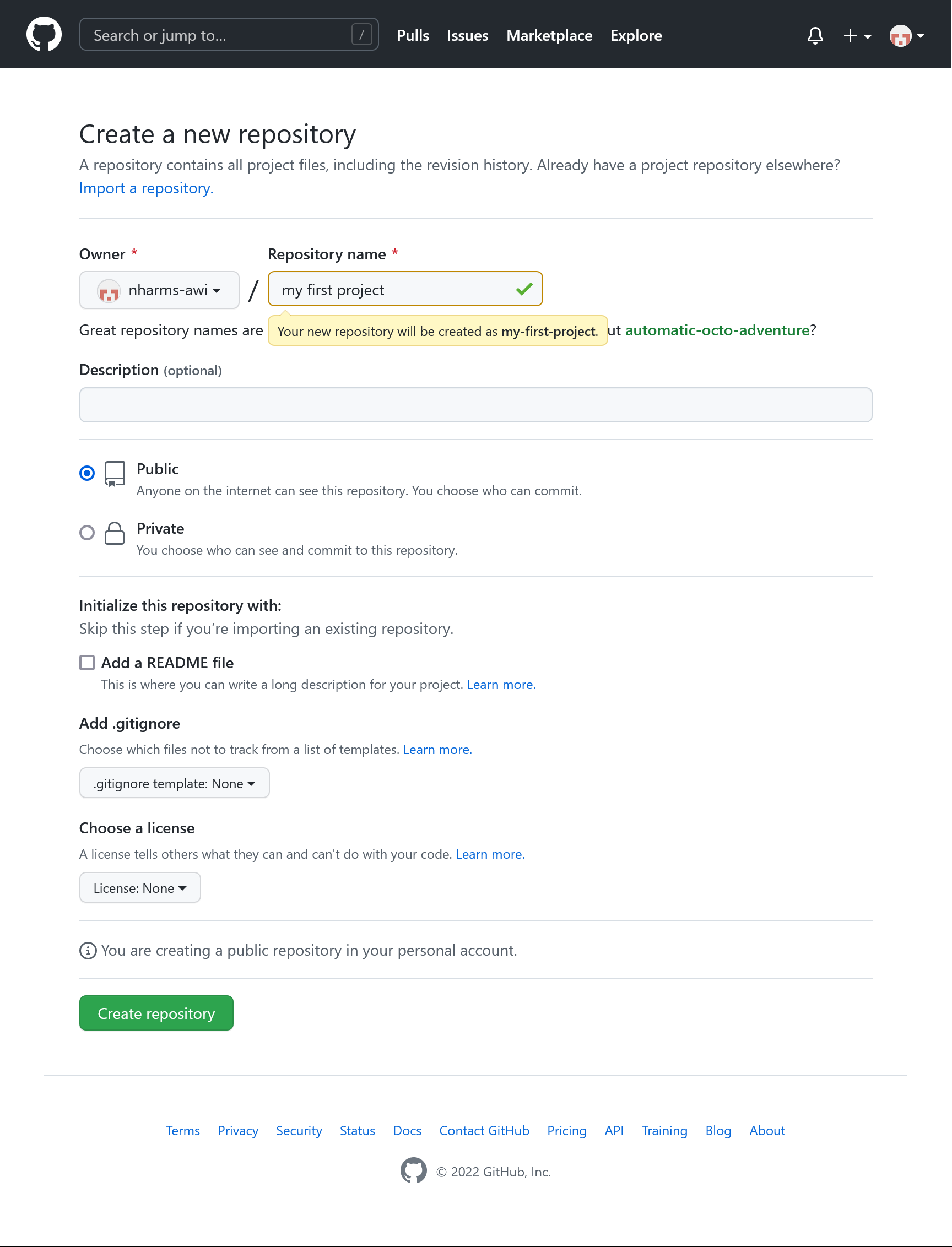 github project creation form