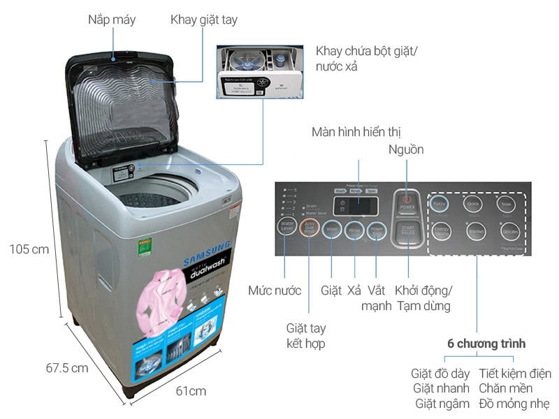 Chi tiết máy giặt lồng đứng Samsung 10kg WA10J5750SG/SV