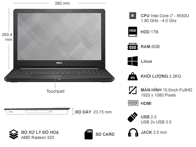 Laptop Dell Vostro 3578 NGMPF12 có nhiều tính năng hiện đại 