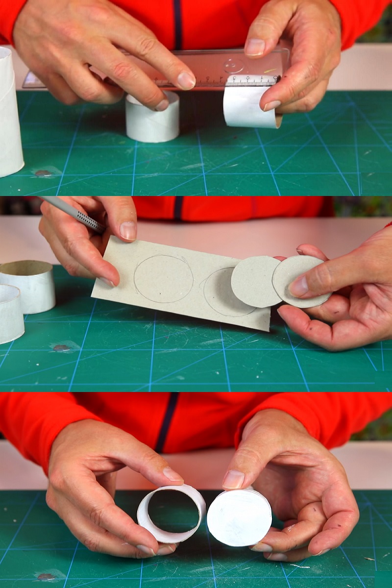 Cắt lõi giấy thành 2 đoạn dài 3,5cm, vẽ và cắt những hình tròn bằng với lõi giấy để làm đáy hộp. Sau đó, dán đáy vào thân hộp bằng keo sữa