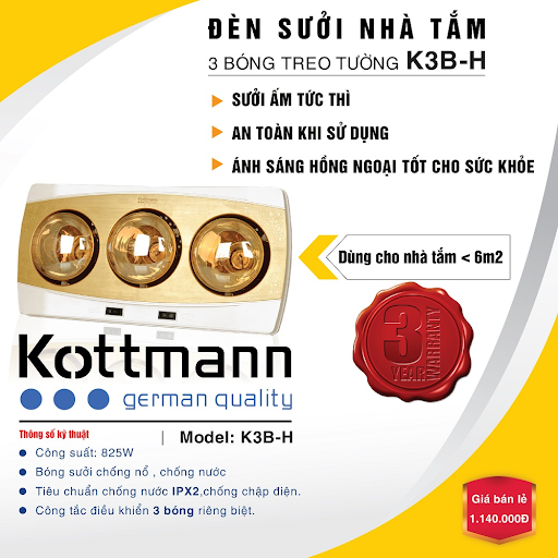 Đèn sưởi nhà tắm 3 bóng Kottmann K3B-H nguyên hộp