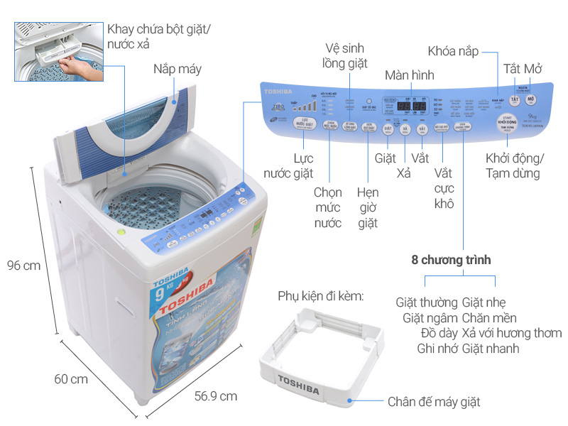 Máy giặt Toshiba 9kg có chất liệu bền bỉ, cách sử dụng lại dễ dàng 