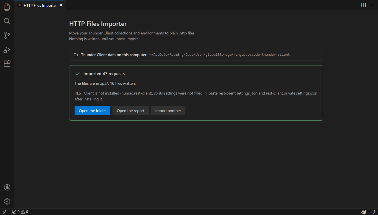 The importer panel after the import, with buttons to open the folder or the report
