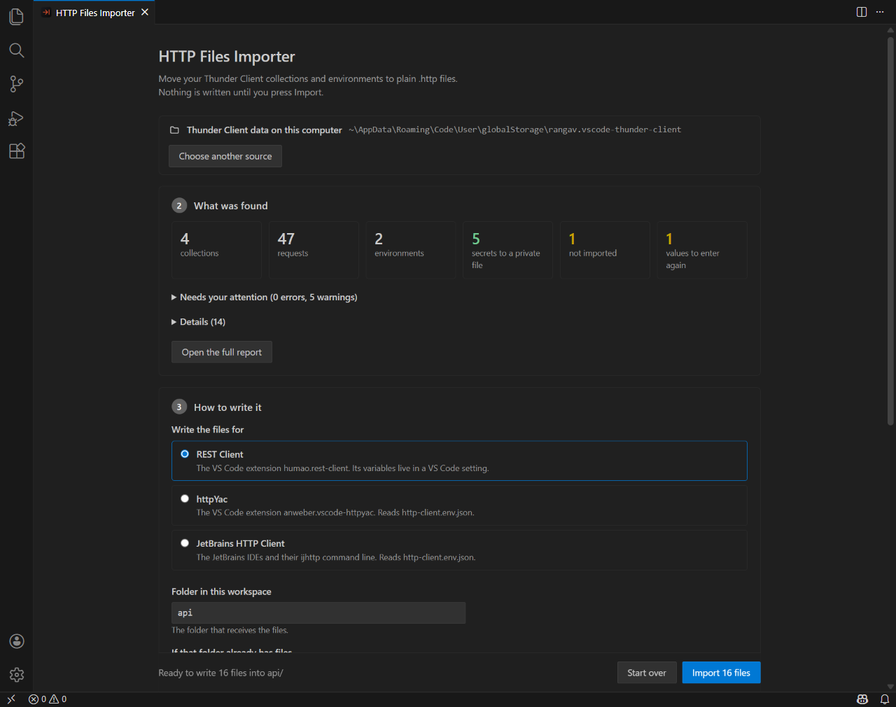 The importer panel: what was found, the choices, and the Import button that stays in view