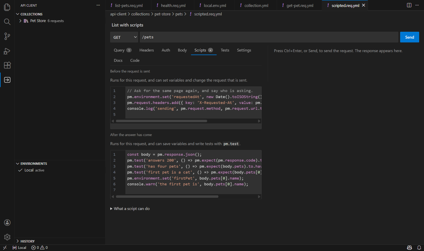 The Scripts tab of a request, with a script before the request and one after the answer