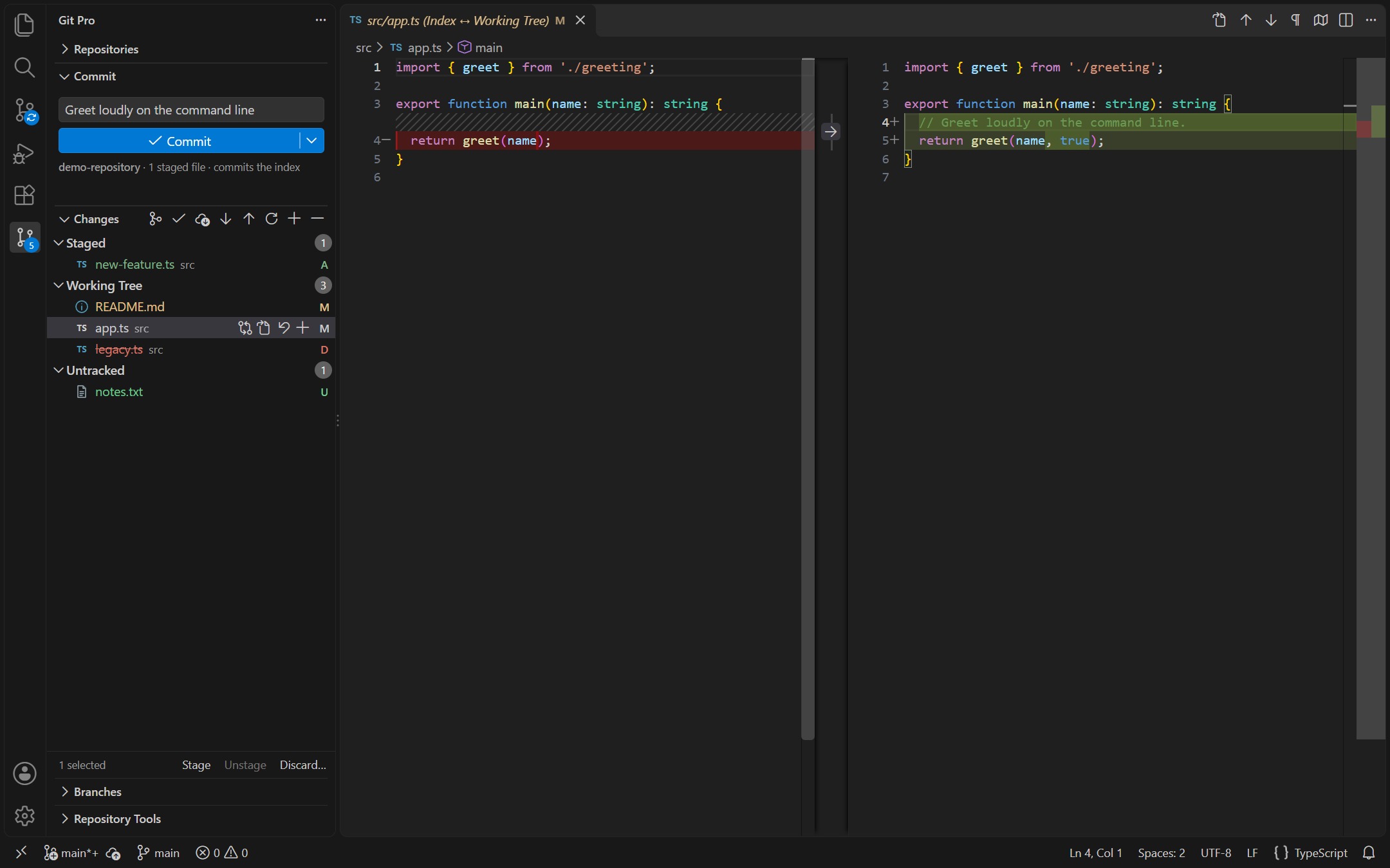 Git Pro Changes sidebar with right-aligned file status labels and the commit composer