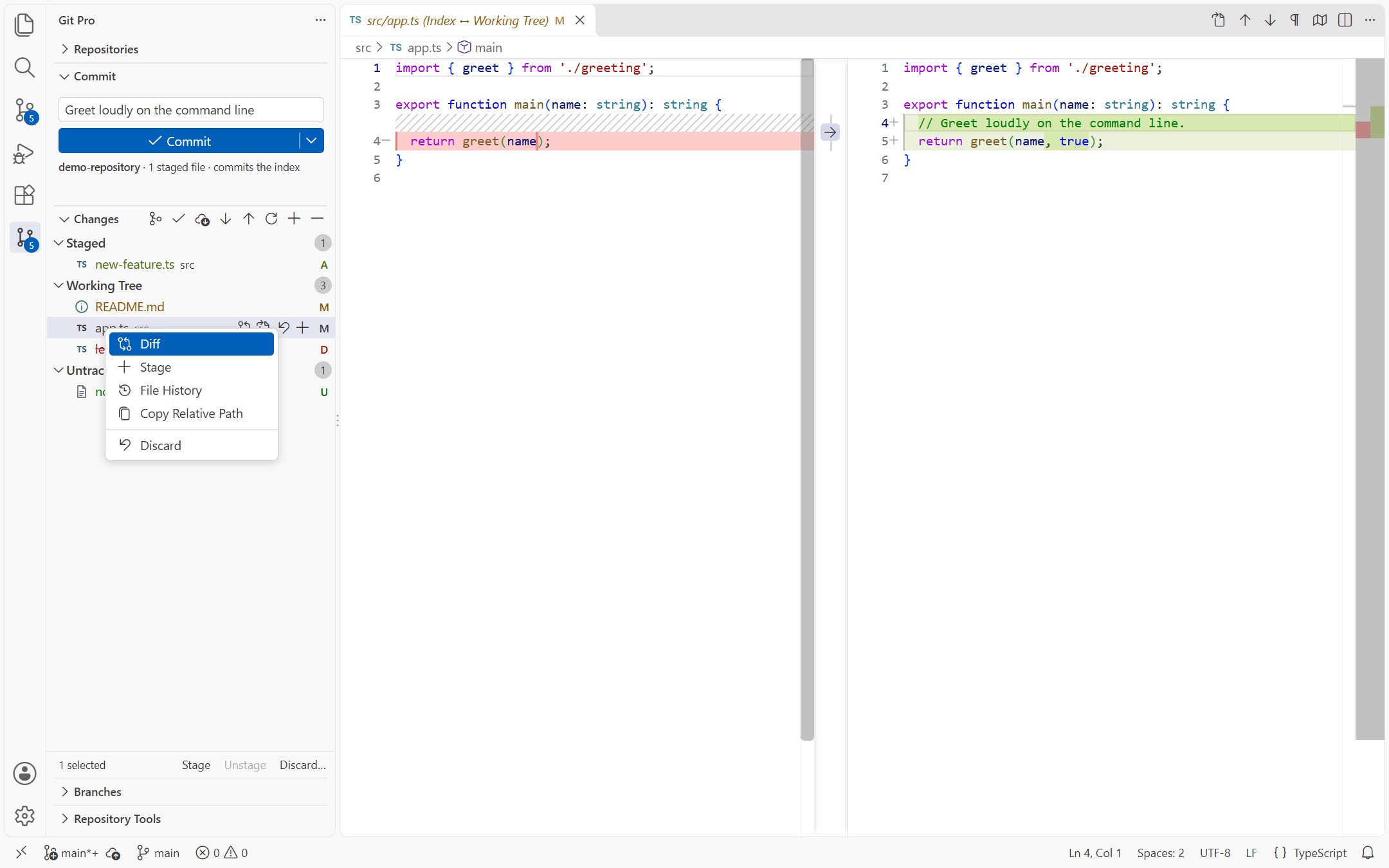 Git Pro file context menu showing diff, staging, file history, copy path and discard actions