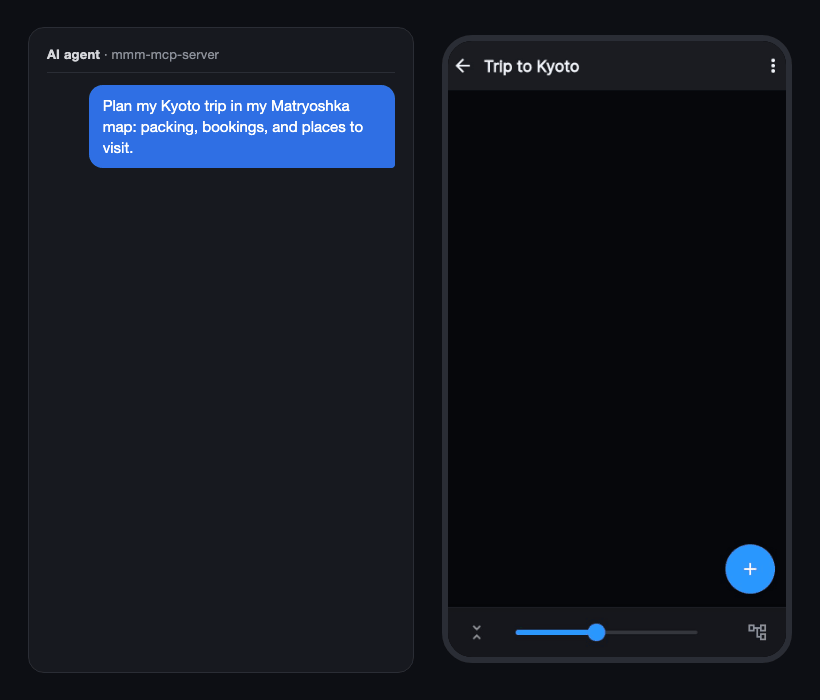 Asking an AI agent to plan a trip fills a Matryoshka map, and "I booked the hotel" checks it off