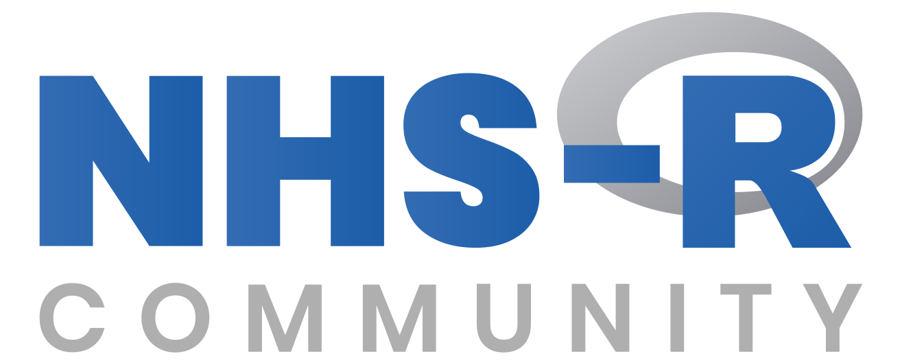 NHS-R Community Logo which consists of the words and incorporating the R logo