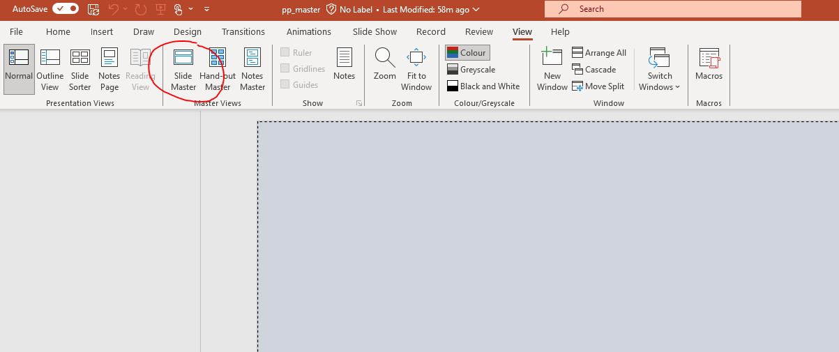 Alt: Screenshot of how to access slide master from 'View' panel in powerpoint