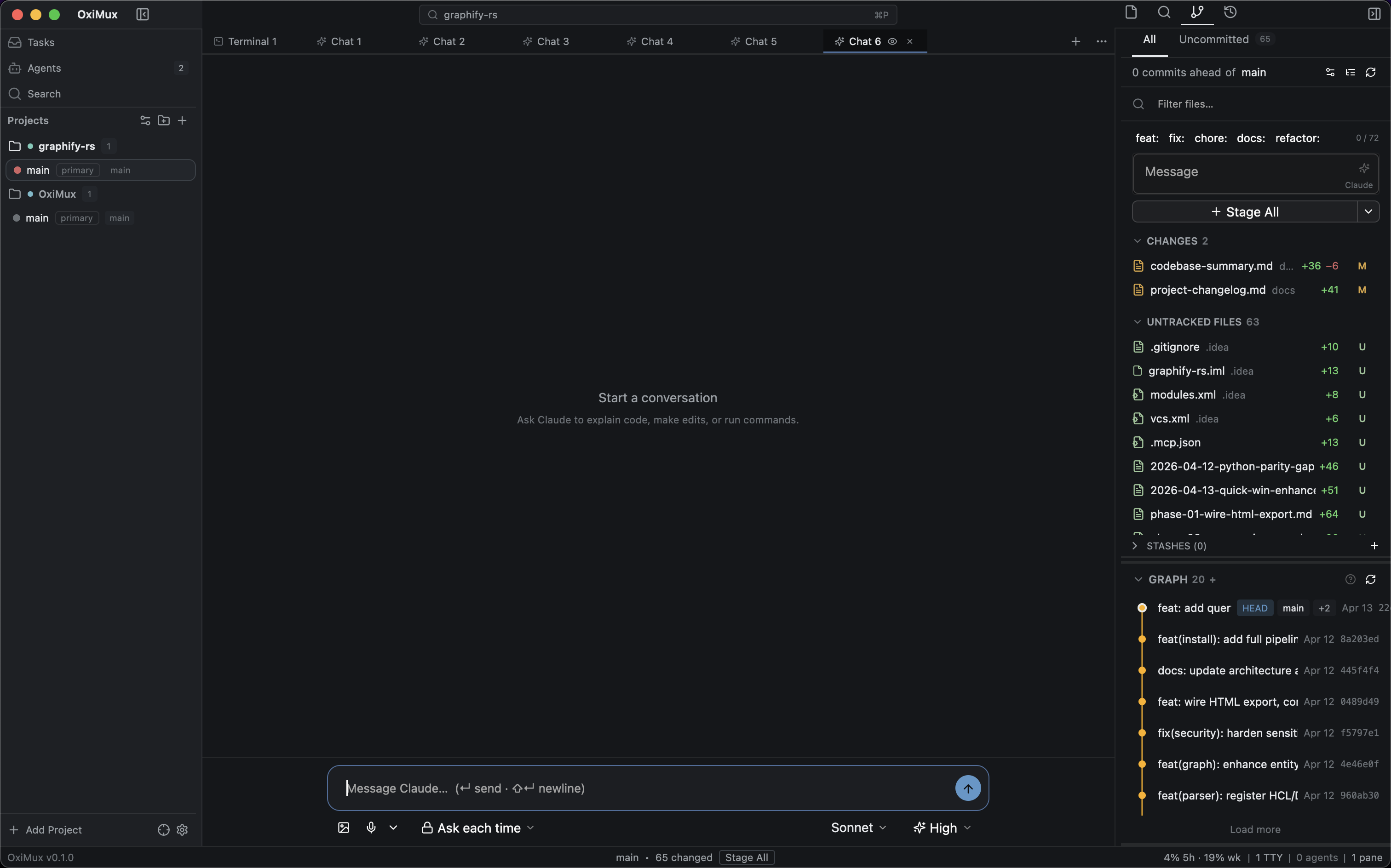The OxiMux cockpit — projects and agents in the rail, agent chat tabs in the center, Git changes and commit graph on the right